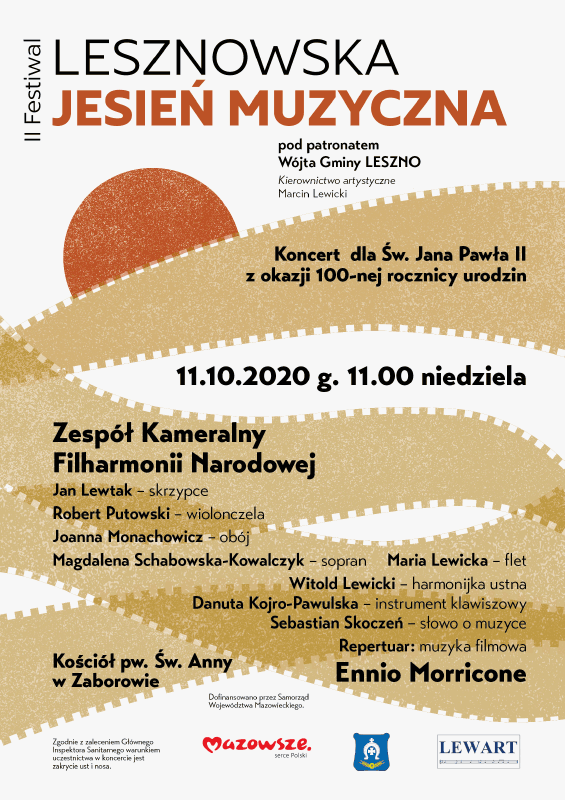 projekt artystycznego plakatu koncertu muzyki filmowej Ennio Morricone w wykonaniu Zespołu Kameralnego Filharmonii Narodowej podczas festiwalu Lesznowska Jesień Muzyczna, przedstawia słońca zachodzące za krajobrazem z taśmy filmowej
