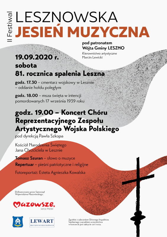 projekt artystycznego plakatu koncertu chóru podczas festiwalu Lesznowska Jesień Muzyczna, przedstawia polską flagę z ognia i dymu nad krzyżem kościoła