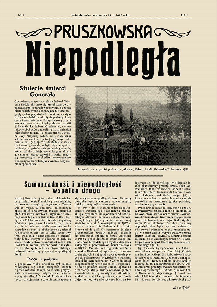 Front gazety jednodniówki w stylu retro na Święto Niepodległości, wzorowanej na gazecie Głos Pruszkowa z 1928 roku.