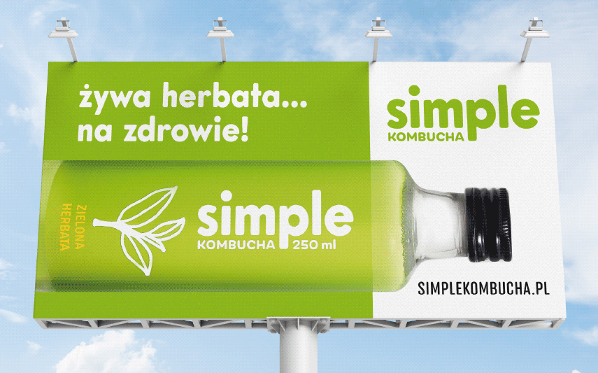 projekt billboardów reklamy wielkoformatowej, reklamującej produkt spożywczy napój Simple kombucha z key visualem, sloganem i logo