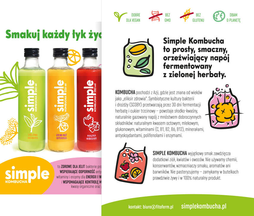 projekt ulotki dwustronnej reklamującej produkt spożywczy napój Simple kombucha z key visualem, sloganem, informacjami i ikonami korzyści