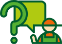 ikona geometryczna kolorowa ilustracja wektorowa ogrodnika z dymkiem ze znakiem zapytania jako symbolu pytań o odpowiedzi FAQ w sklepie internetowym