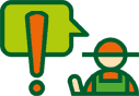 ikona geometryczna kolorowa ilustracja wektorowa ogrodnika z dymkiem z wykrzyknikiem jako symbolu ważnych informacji w sklepie internetowym