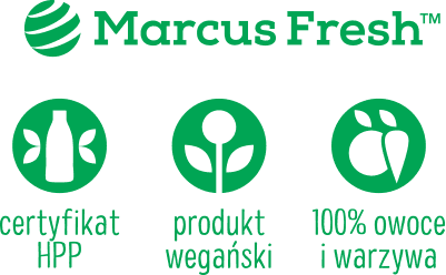 projekt geometrycznych ikon korzyści benefitów na opakowanie zdrowej żywności marki Marcus Fresh oznaczające produkt wegański, z certyfikatem technologii HPP i w 100% z owoców i warzyw