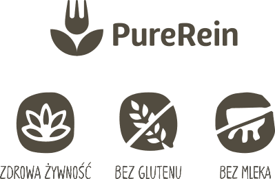 projekt odręcznie rysowanych symboli korzyści benefitów na opakowanie zdrowej żywności marki PureRein oznaczające produkt bez glutenu i mleka