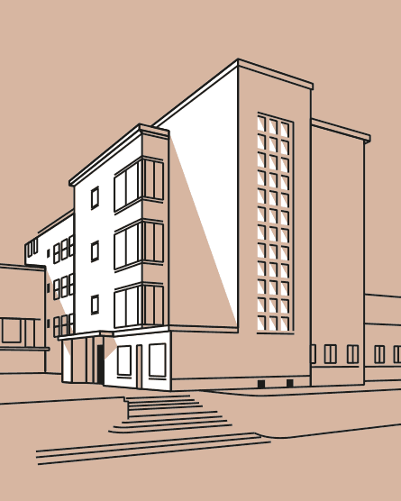 linearna ilustracja wektorowa z architekturą modernizmu II RP, Nowy Sącz, Gimnazjum Kupieckie