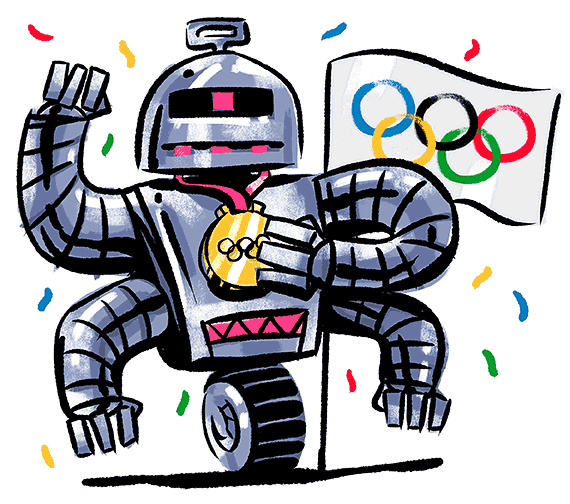 ilustracja dla dzieci i młodzieży, komiksowy, kreskówkowy, metalowy robot wygrywa medal na olimpiadzie