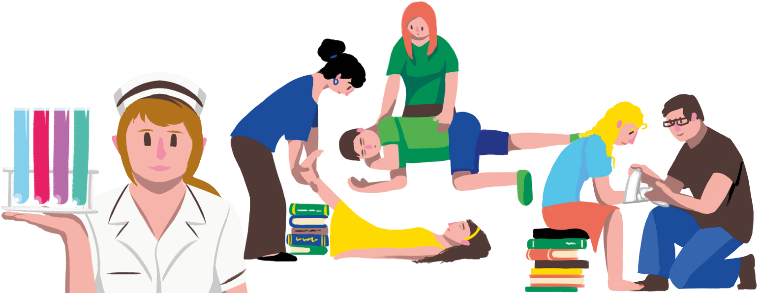 proste, kolorowe ilustracje z ludźmi na temat pierwszej pomocy w szkole