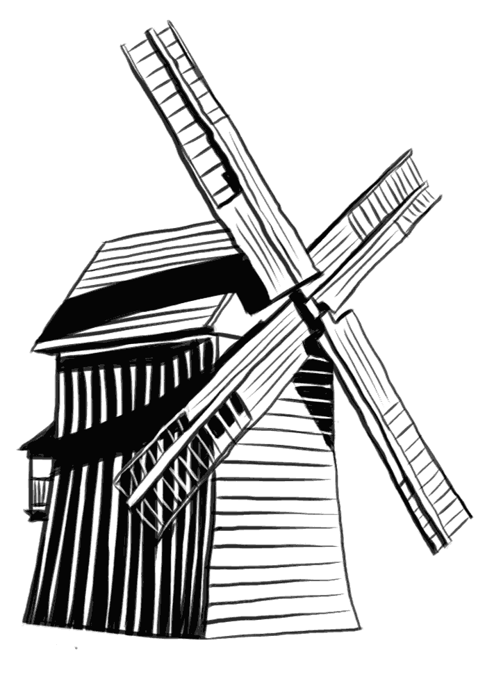 Realistyczna ilustracja, rysunek wiatraka na wsi.
