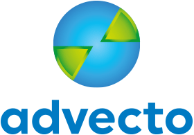 finalny projekt okrągłego logo firmy advecto, przedstawiające glob kuli ziemskiej z kontynentami