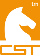 pomarańczowe logo szkolenia CST, koń, skoczek, w tle kwadrat pola z gry w szachy