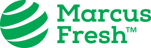 logo dla producenta żywności roślinnej, wegetariańskiej Marcus Fresh, przedstawia świeżo krojony okrągły owoc