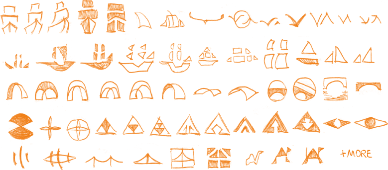 odręczne rysunki, szkice koncepcyjne do projektu logo marki firmy Advecto, przedstawiają statki, mosty, żagle, ptaki, litery