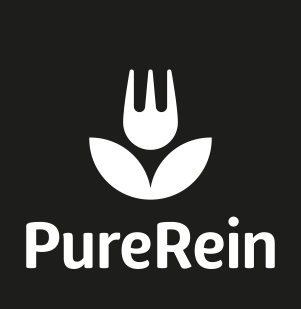 negatywowa wersja klasycznego prostego  czarno-białego projektu logo firmy spożywczej PureRein na kwadratowym czarnym tle metki na opakowania