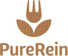 klasyczny prosty projekt logo firmy PureRein, liście, kwiat i widelec symbolizują zdrową żywność