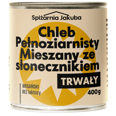 projekt etykiety na puszkę chleba długotrwałego pełnoziarnistego ze słonecznikiem w minimalistycznym geometrycznym plakatowym stylu dla produktów survivalowych, w kolorach pastelowych oraz naturalnego beżu