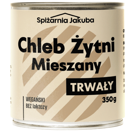 projekt etykiety na puszkę chleba długotrwałego żytnio-pszennego mieszanego w minimalistycznym geometrycznym plakatowym stylu dla produktów survivalowych, w kolorach pastelowych oraz naturalnego beżu