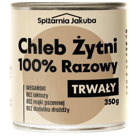 projekt etykiety na puszkę chleba długotrwałego żytniego razowego w minimalistycznym geometrycznym plakatowym stylu dla produktów survivalowych, w kolorach pastelowych oraz naturalnego beżu