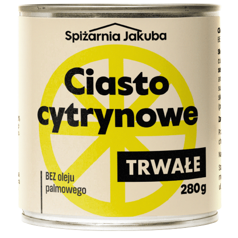 projekt etykiety na puszkę ciasta cytrynowego długotrwałego w minimalistycznym geometrycznym plakatowym stylu dla produktów survivalowych, w kolorach pastelowych oraz naturalnego beżu