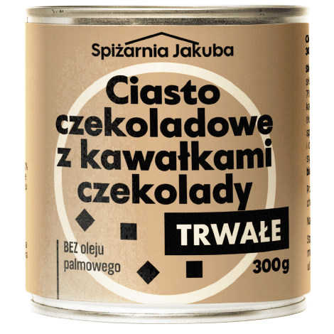 projekt etykiety na puszkę ciasta długotrwałego czekoladowego z kawałkami czekolady w minimalistycznym geometrycznym plakatowym stylu dla produktów survivalowych, w kolorach pastelowych oraz naturalnego beżua