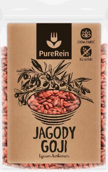 PureRein, etykieta, opakowanie na jagody goji, zdrowa żywność. Odręczna ilustracja i typografia, naturalny papier pakowy