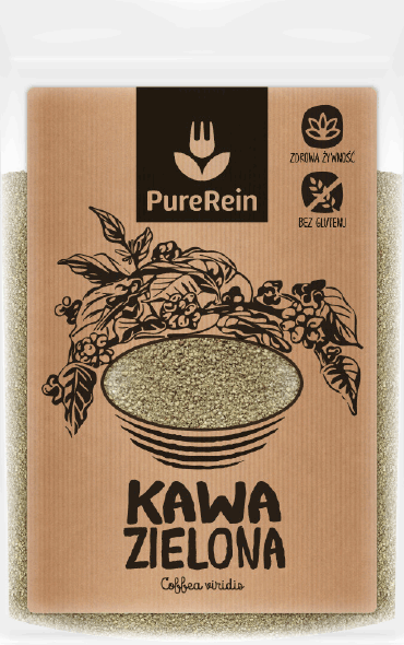 PureRein, etykieta, opakowanie na kawę zieloną, zdrowa żywność. Odręczna ilustracja i typografia, naturalny papier pakowy