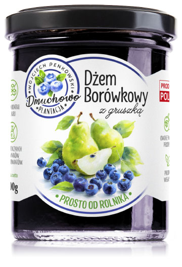 projekt białej etykiety ze pieczęcią stempla logo na szklany słoik dżemu borówkowego z gruszką własnego przetwórstwa Plantacji Dmuchowo z botaniczną ilustracją owoców w stylu akwareli