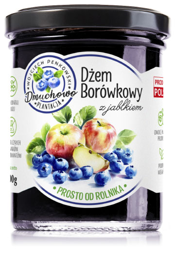projekt białej etykiety ze pieczęcią stempla logo na szklany słoik dżemu borówkowego z jabłkiem własnego przetwórstwa Plantacji Dmuchowo z botaniczną ilustracją owoców w stylu akwareli