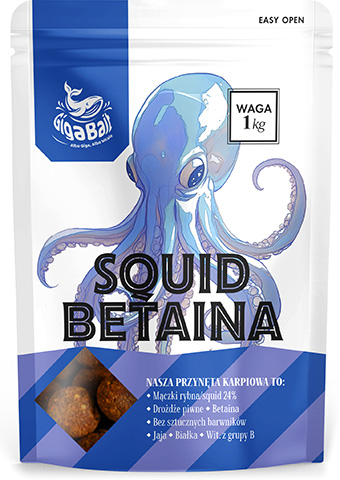 projekt biało-niebieskiego opakowania doypack z akwarelowymi ilustracjami na przynęty wędkarskie karpiowe o smaku ośmiornica, betaina z chili