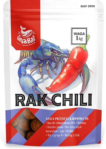 projekt biało-niebiesko-czerwonego opakowania doypack z akwarelowymi ilustracjami na przynęty wędkarskie karpiowe o smaku raka z chili
