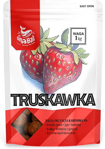 projekt biało-czerwonego opakowania doypack z akwarelowymi ilustracjami na przynęty wędkarskie karpiowe o smaku truskawki
