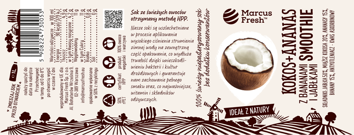 projekt frontu, panelu bocznego i tylnego owijki przezroczystej etykiety na soki smoothie hpp z dopracowaną odręczną typografią, rysunkiem owoca i ilustracją wsi