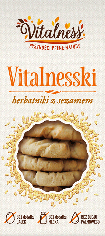 projekt etykiety na zdrowe herbatniki Vitalnesski z sezamem, z ręcznie malowaną ilustracją