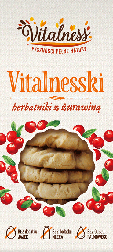 projekt etykiety na zdrowe herbatniki Vitalnesski z żurawiną, z ręcznie malowaną ilustracją