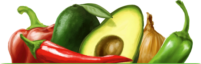 malowana ilustracja z warzywami ze składu pikantnego guacamole z chili na etykietę opakowania pasty warzywnej