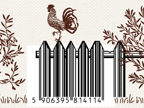 oryginalne graficzne opracowanie kodu kreskowego, wplatające go w ilustrację wiejskiego płotu z kogutem