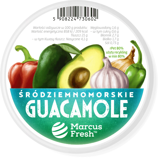 projekt etykiety na opakowanie pasty warzywnej, guacamole śródziemnomorskiego, z malowaną ilustracją z warzywami, składnikami