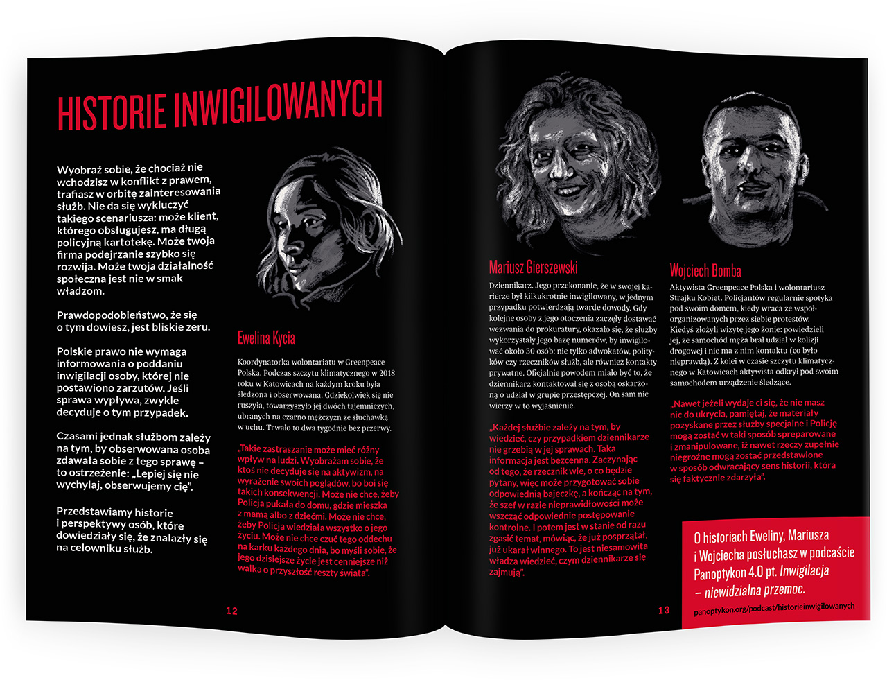 projekt reportażu z wypowiedziami gości podcastu do broszury Fundacji Panoptykon o inwigilacji, z ręcznie malowanymi czarno-białymi ilustracjami portretów na czarnym tle