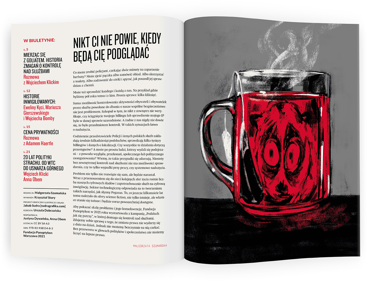 projekt wstępniaka, spis treści i stopki broszury Fundacji Panoptykon o inwigilacji, z ręcznie malowaną ilustracją zwierzątka w szklance herbaty
