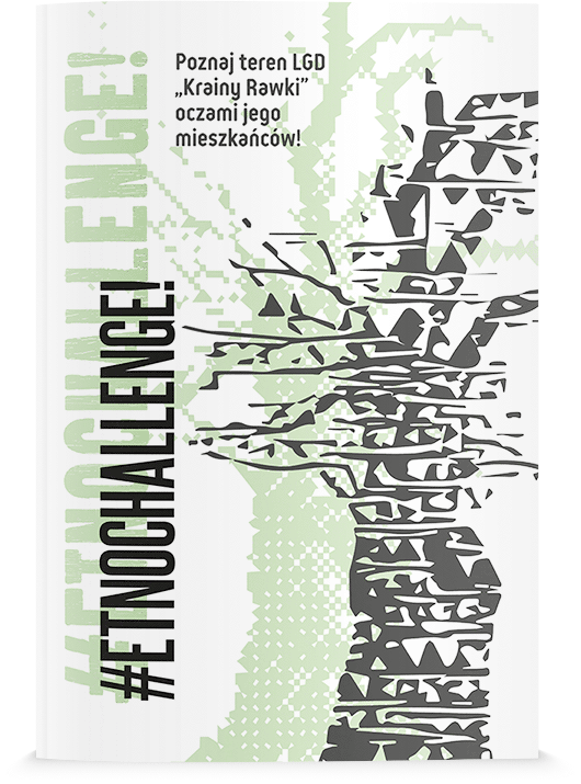 Projekt okładki broszury etnograficznej dla NGO ze stylizowaną grafiką drzewa