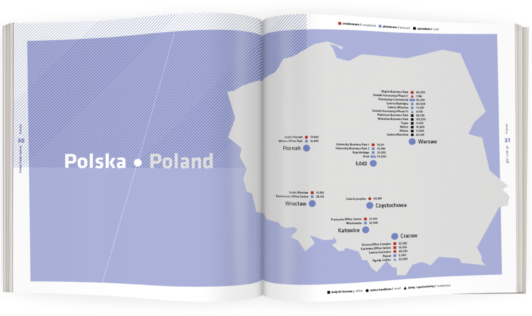 projekt infografiki, mapy z opisem inwestycji dewelopera na terenie Polski i prostą legendą