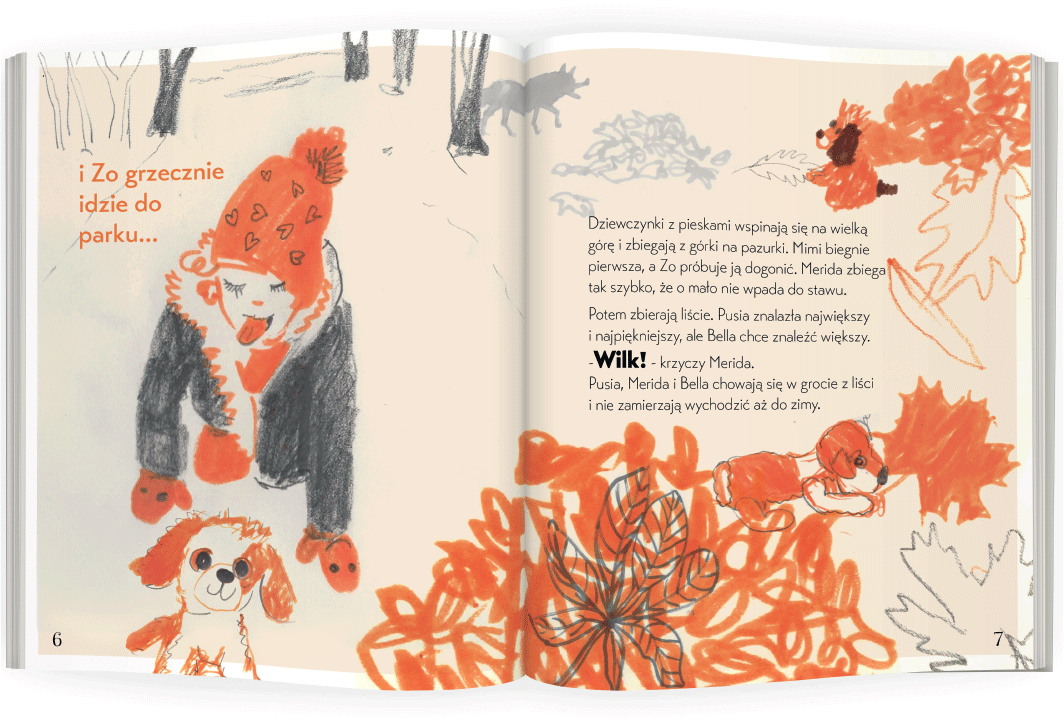 projekt rozkładówki w książce dla dzieci o zabawie z pluszakami w parku z odręcznie rysowanymi ilustracjami i ciekawą typografią w stylu czcionek retro