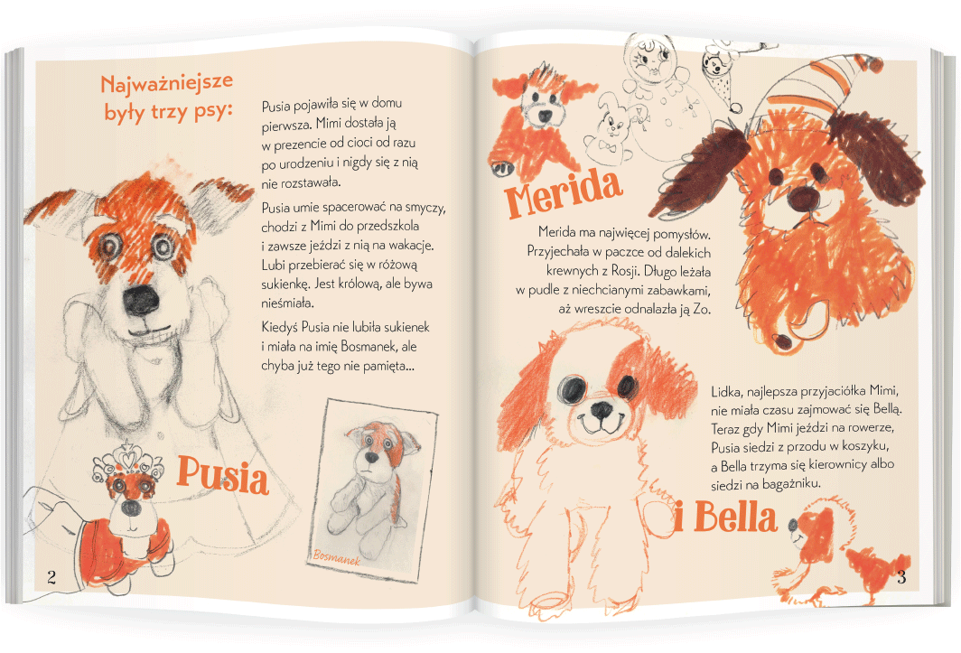 projekt stron przedstawienia bohaterów w książce dla dzieci o pluszowych psach, ilustrowanej odręcznymi rysunkami